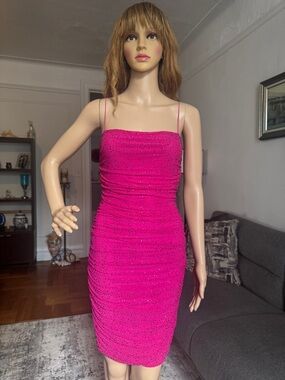 Fashion Nova Hot Pink Sparkle Ruched Mini Dress